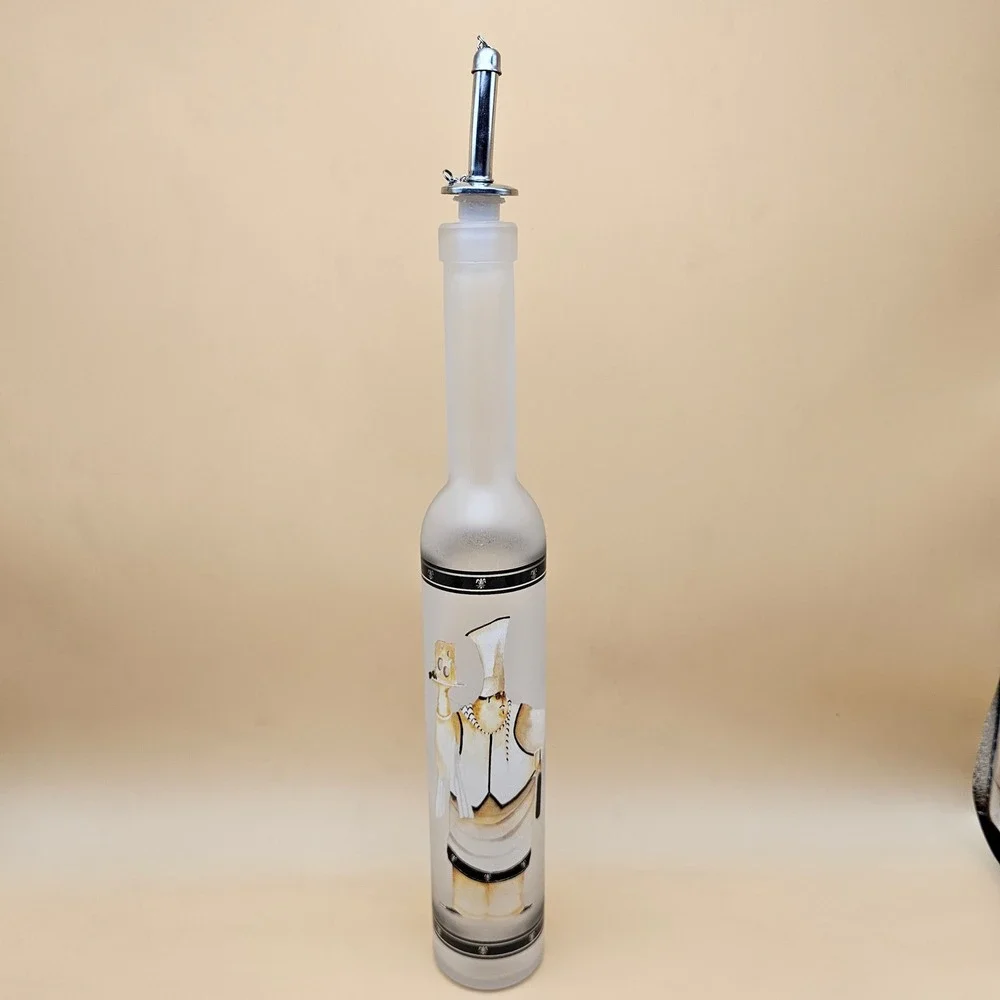 Frosted Glass Bottle w/ Stainless‎ Steel Pour Spout and Chain Stopper Decorative